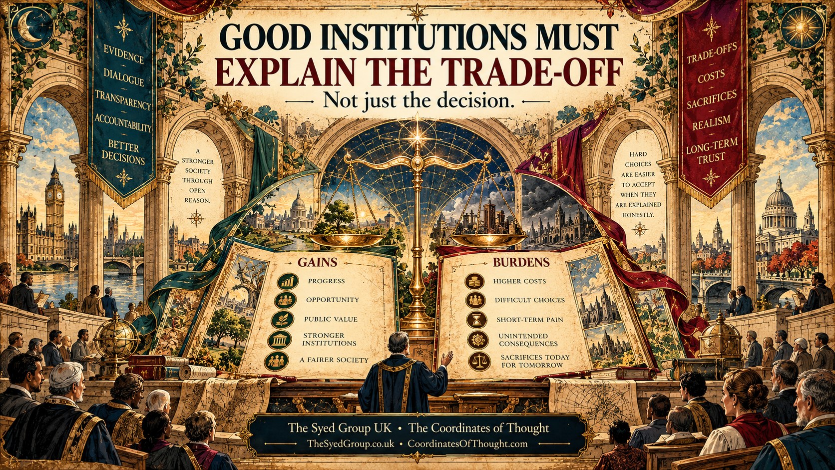 Governance artwork by Syed Raheel Shahzad showing institutional gains and burdens balanced through transparency, evidence, accountability and public reasoning