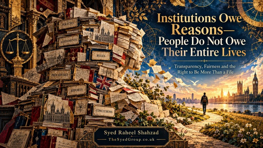 The Syed Group UK philosophical artwork by Syed Raheel Shahzad about fairness, transparency, institutional reasons, privacy and the right to be more than a file