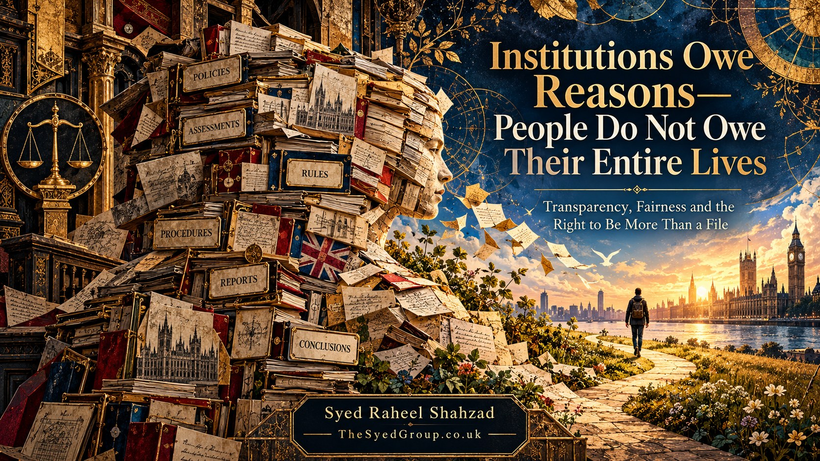 The Syed Group UK philosophical artwork by Syed Raheel Shahzad about fairness, transparency, institutional reasons, privacy and the right to be more than a file