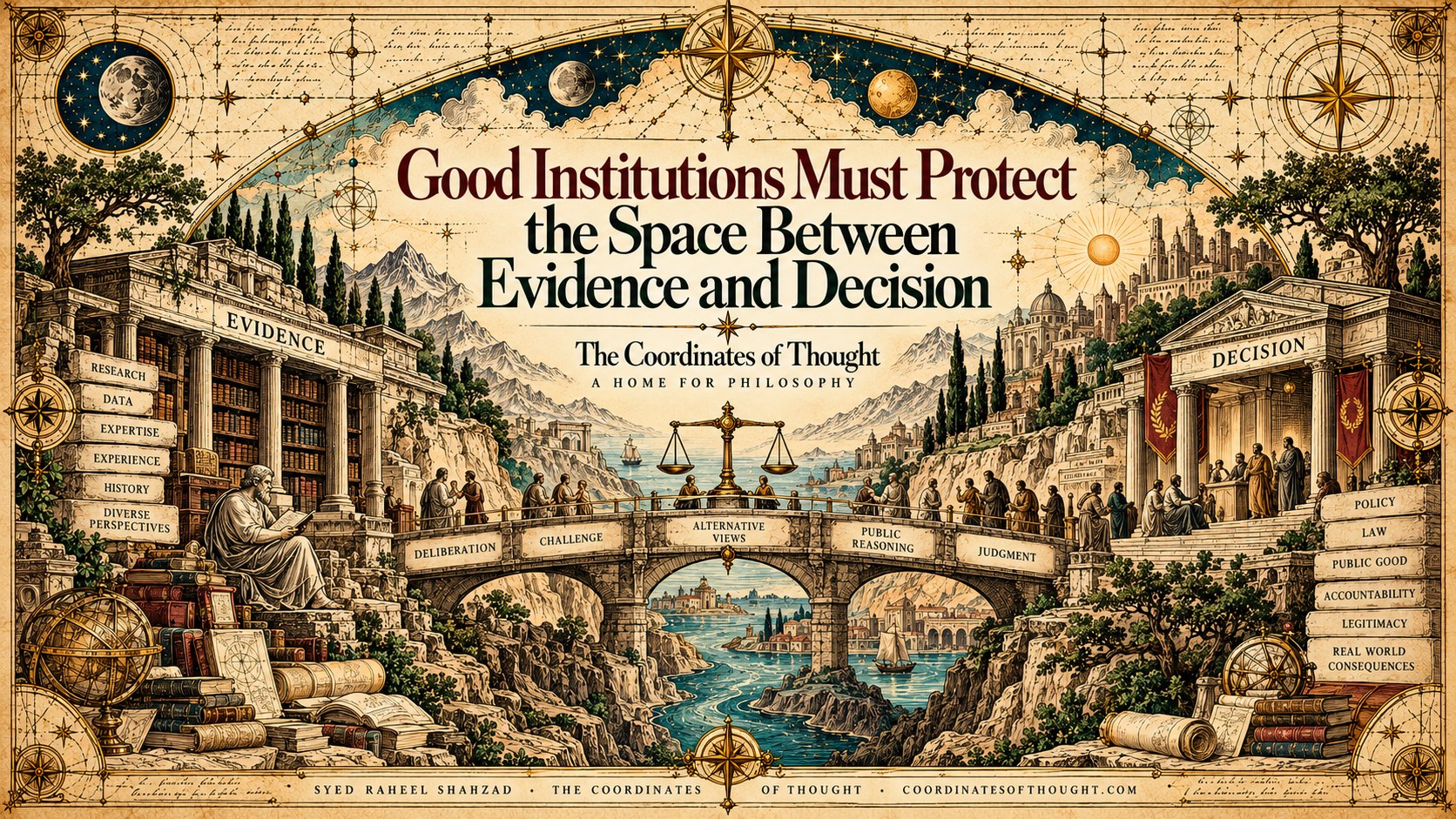 Governance artwork showing evidence and decision connected through deliberation, challenge, alternative views, public reasoning and judgment