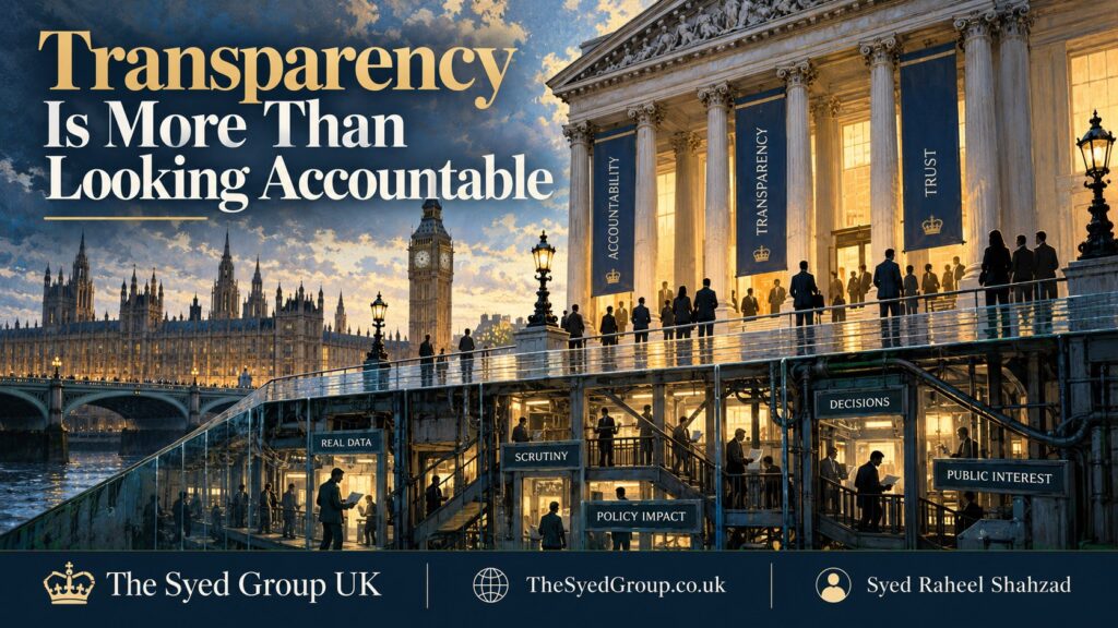 The Syed Group UK philosophical governance artwork by Syed Raheel Shahzad on transparency, accountability, institutional trust, scrutiny and public interest