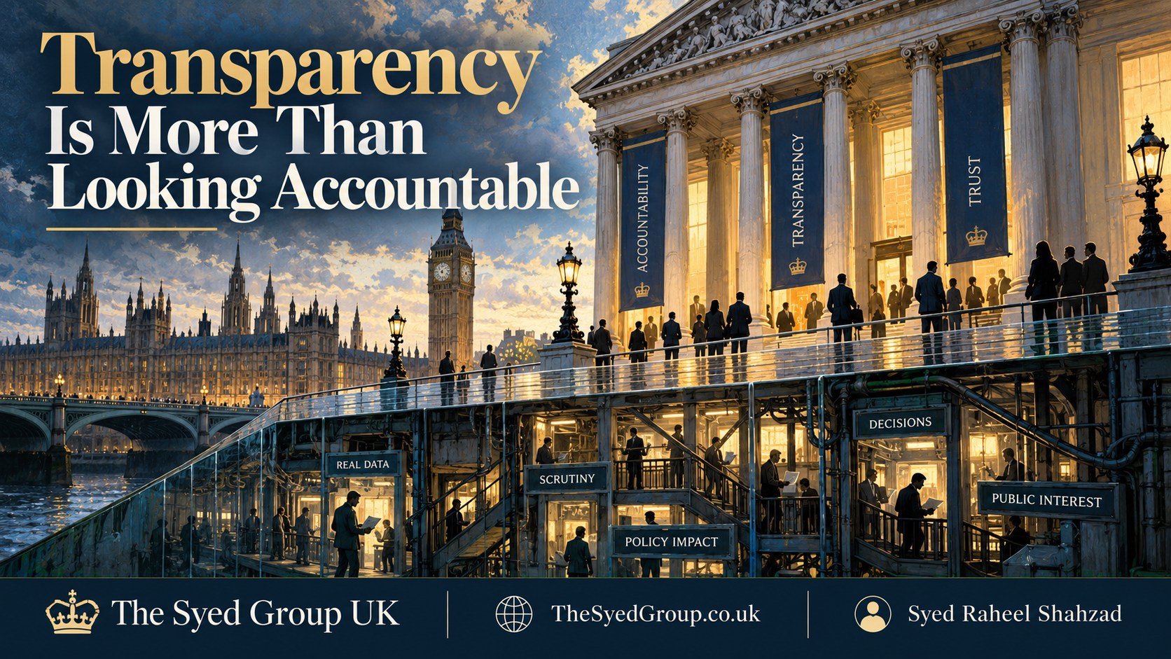 The Syed Group UK philosophical governance artwork by Syed Raheel Shahzad on transparency, accountability, institutional trust, scrutiny and public interest